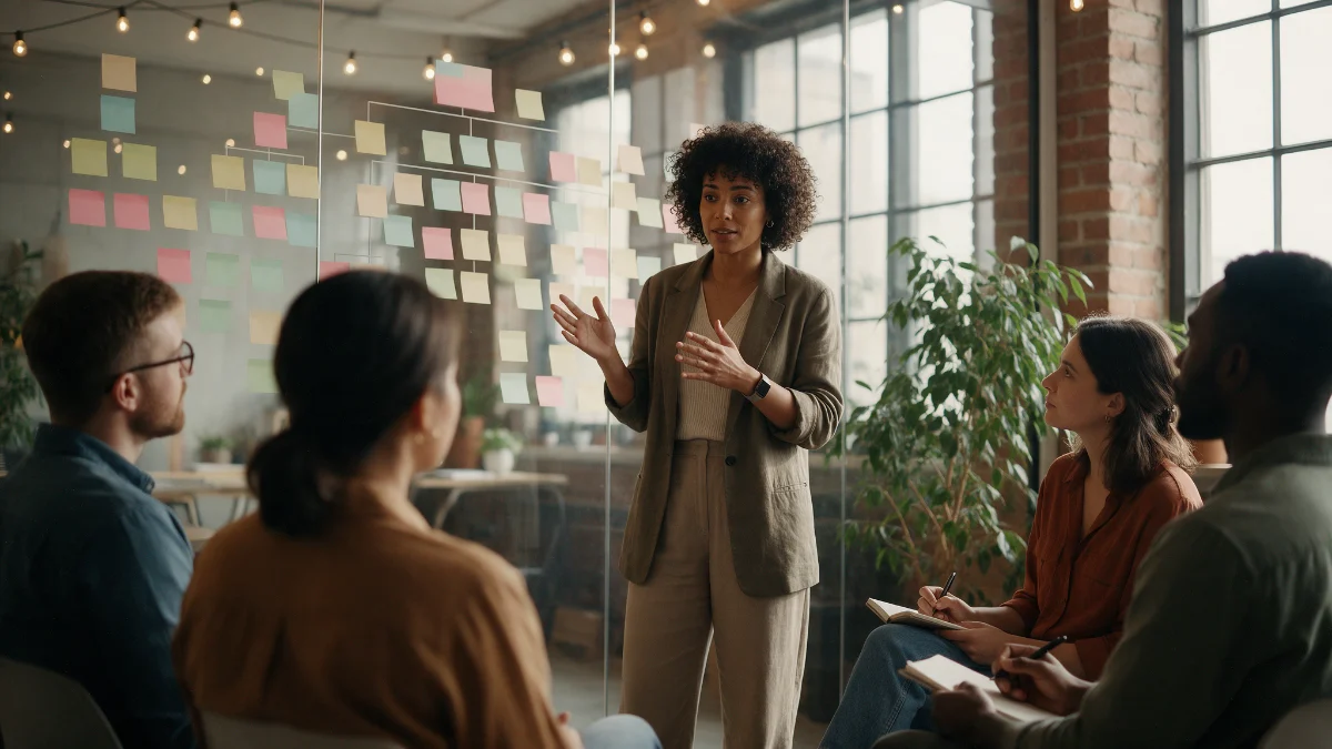 A founder mapping a team structure on a glass wall while colleagues watch